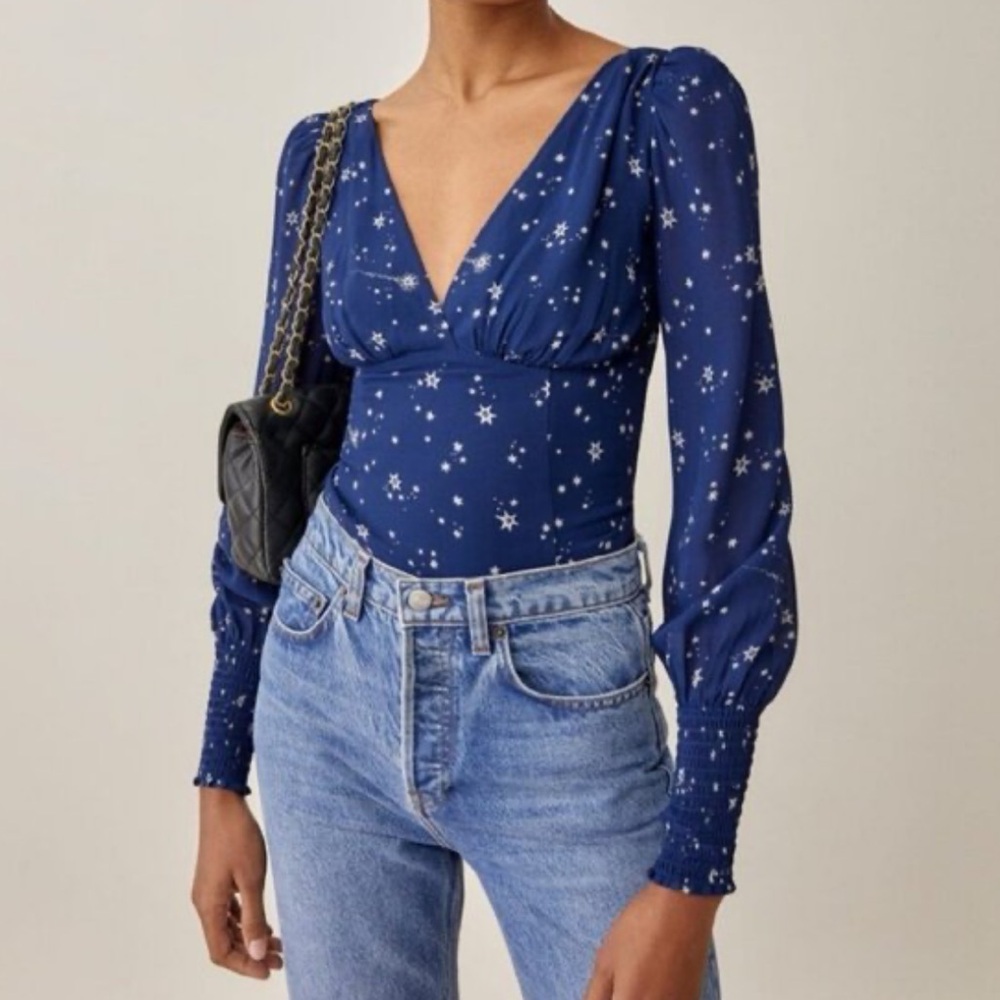 Reformation Michel Blue and White Starry Night Long Sleeve Top